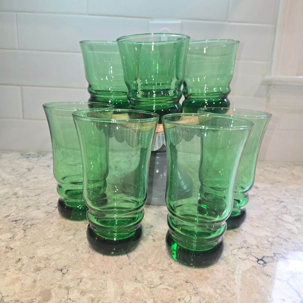 Anchor‎ Hocking Forest Green Mid Century Drinking Glasses Set of 8 Ringed Base